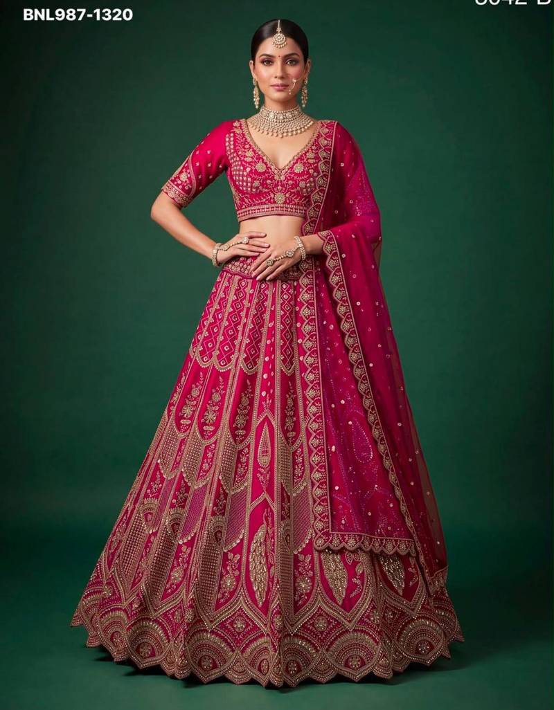 pink silk blend embroidered bridal lehenga choli
