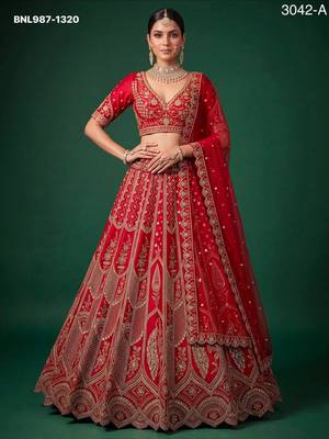 red silk blend embroidered bridal lehenga choli 1