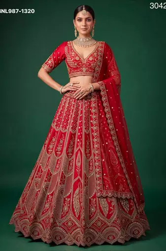 red silk blend embroidered bridal lehenga choli