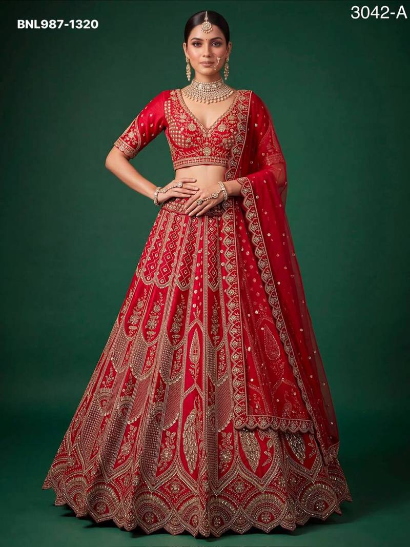 red silk blend embroidered bridal lehenga choli