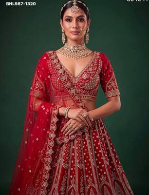 red silk blend embroidered bridal lehenga choli 2