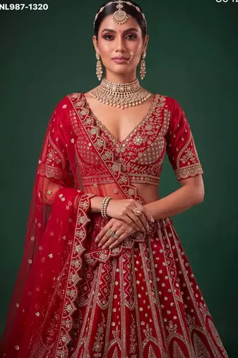 red silk blend embroidered bridal lehenga choli