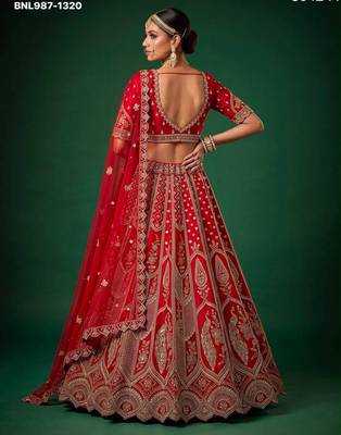 red silk blend embroidered bridal lehenga choli 3