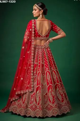 red silk blend embroidered bridal lehenga choli