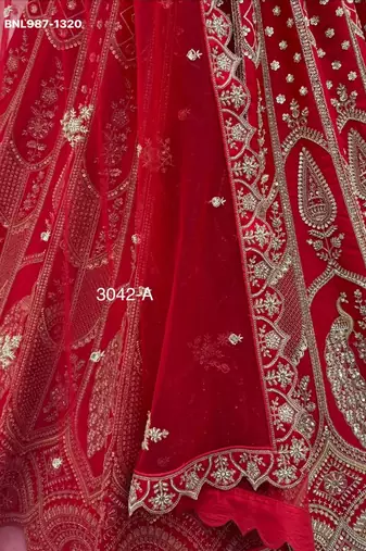 red silk blend embroidered bridal lehenga choli