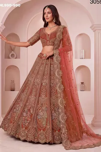peach net embroidered wedding lehenga choli