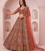 peach net embroidered wedding lehenga choli