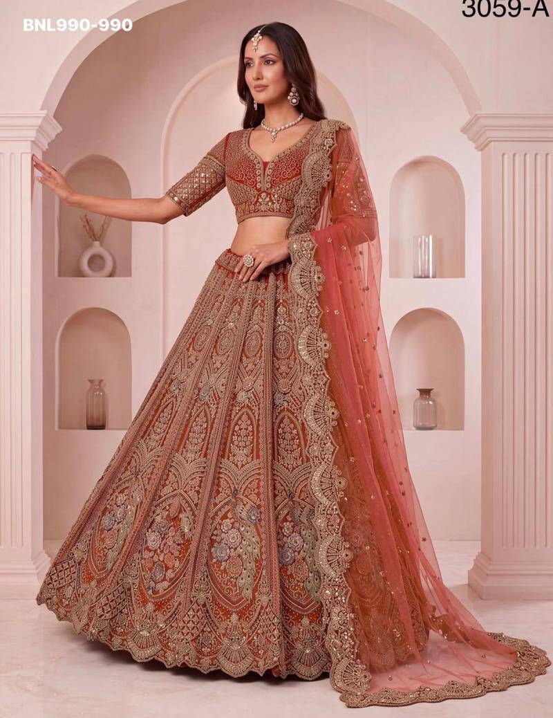 peach net embroidered wedding lehenga choli