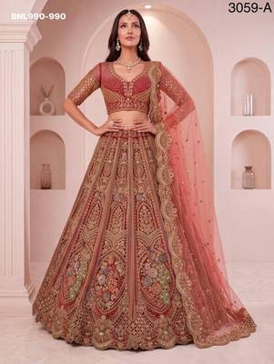 peach net embroidered wedding lehenga choli 2
