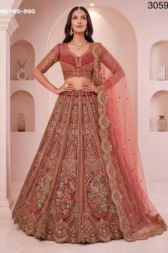 peach net embroidered wedding lehenga choli