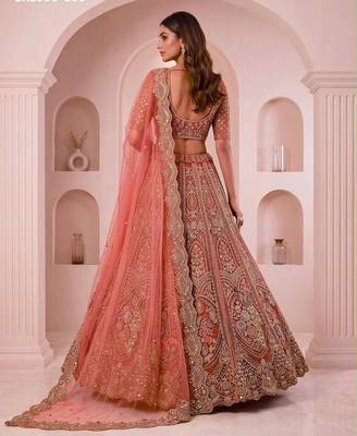 peach net embroidered wedding lehenga choli 3