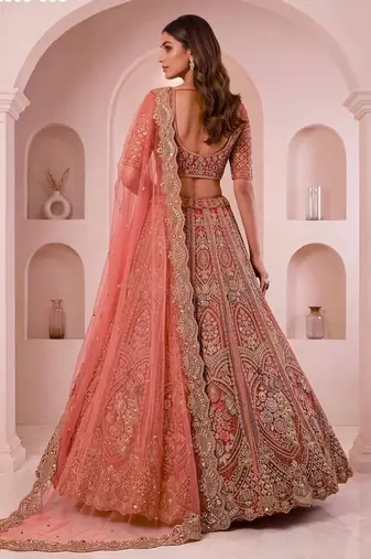 peach net embroidered wedding lehenga choli