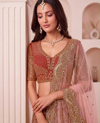 peach net embroidered wedding lehenga choli 4