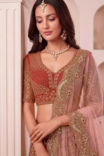 peach net embroidered wedding lehenga choli