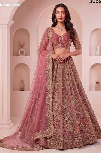 pink net embroidered wedding lehenga choli