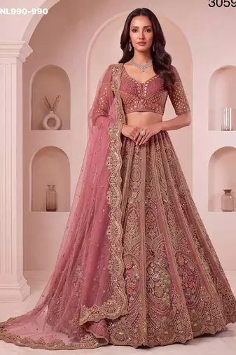 pink net embroidered wedding lehenga choli
