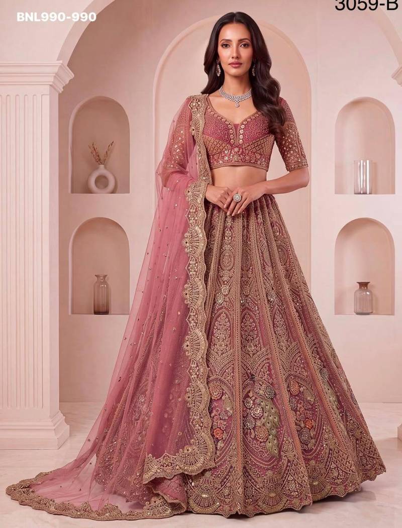 pink net embroidered wedding lehenga choli