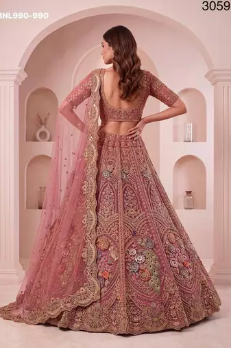pink net embroidered wedding lehenga choli