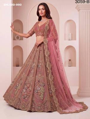 pink net embroidered wedding lehenga choli 4