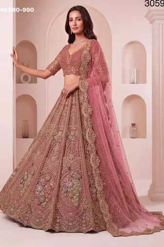 pink net embroidered wedding lehenga choli