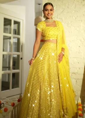 Radiant yellow Intricate 9MM sequin & zari embroidered Faux Georgette designer Wedding Haldi Ceremony lehenga choli set 1