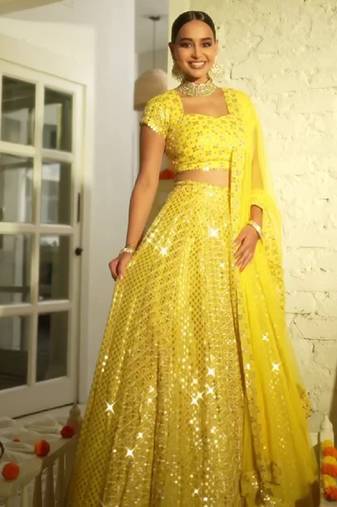 Radiant yellow Intricate 9MM sequin & zari embroidered Faux Georgette designer Wedding Haldi Ceremony lehenga choli set