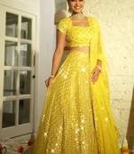 Radiant yellow Intricate 9MM sequin & zari embroidered Faux Georgette designer Wedding Haldi Ceremony lehenga choli set