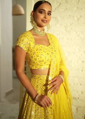Radiant yellow Intricate 9MM sequin & zari embroidered Faux Georgette designer Wedding Haldi Ceremony lehenga choli set 2