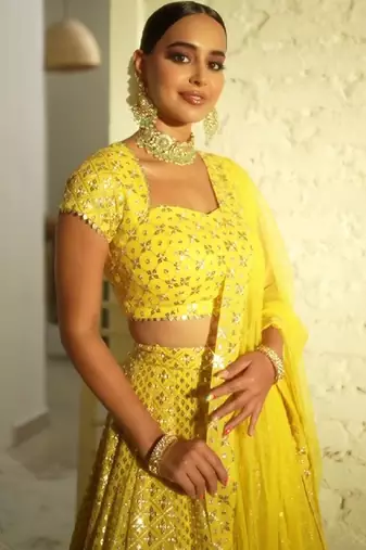 Radiant yellow Intricate 9MM sequin & zari embroidered Faux Georgette designer Wedding Haldi Ceremony lehenga choli set