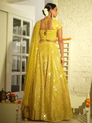 Radiant yellow Intricate 9MM sequin & zari embroidered Faux Georgette designer Wedding Haldi Ceremony lehenga choli set 3