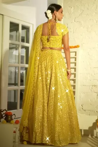 Radiant yellow Intricate 9MM sequin & zari embroidered Faux Georgette designer Wedding Haldi Ceremony lehenga choli set