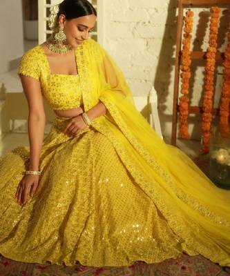 Radiant yellow Intricate 9MM sequin & zari embroidered Faux Georgette designer Wedding Haldi Ceremony lehenga choli set 4