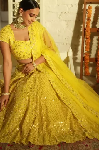 Radiant yellow Intricate 9MM sequin & zari embroidered Faux Georgette designer Wedding Haldi Ceremony lehenga choli set