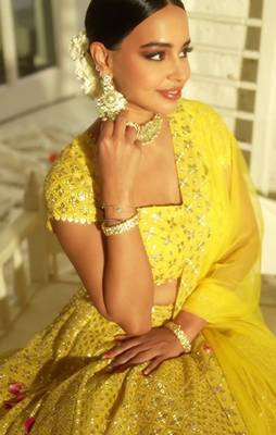 Radiant yellow Intricate 9MM sequin & zari embroidered Faux Georgette designer Wedding Haldi Ceremony lehenga choli set 5