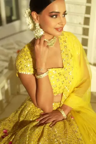 Radiant yellow Intricate 9MM sequin & zari embroidered Faux Georgette designer Wedding Haldi Ceremony lehenga choli set