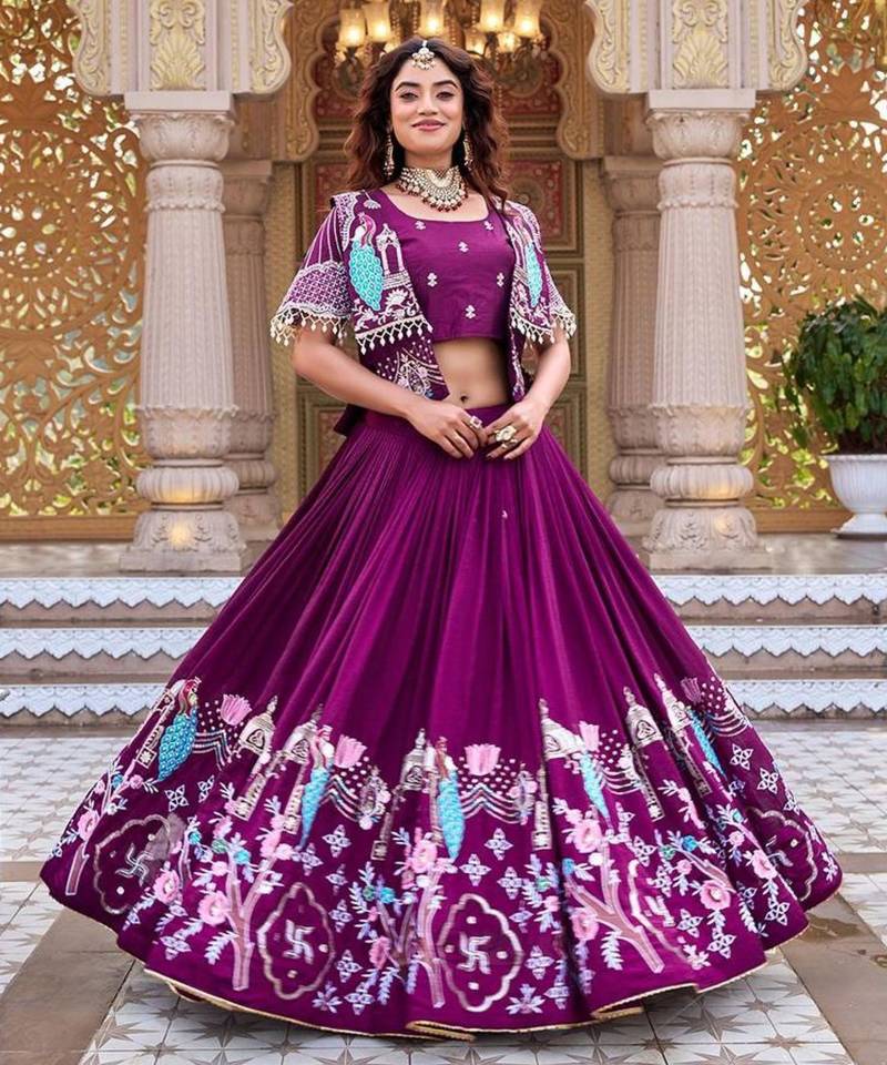 purple silk blend embroidered festive lehenga choli