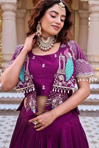 purple silk blend embroidered festive lehenga choli