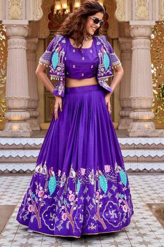violet silk blend embroidered festive lehenga choli