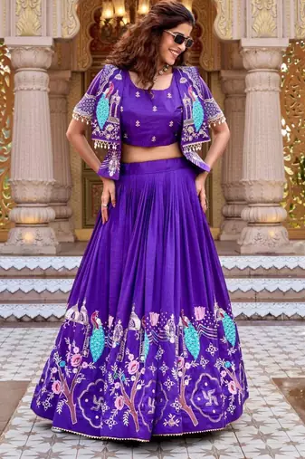 violet silk blend embroidered festive lehenga choli