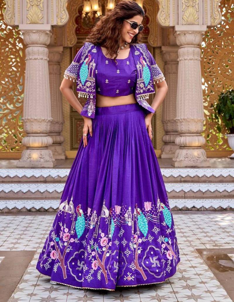 violet silk blend embroidered festive lehenga choli