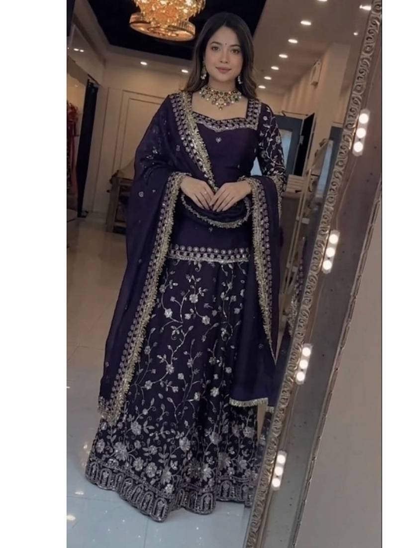 Navy Blue Embroidered Fendy Full-Stitched Sharara Palazzo Suit Set