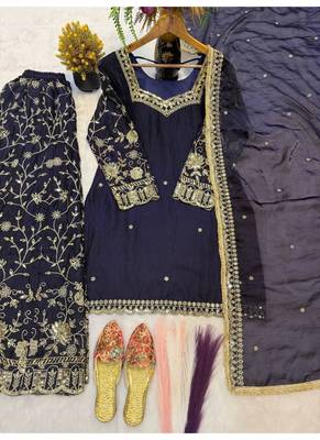 Navy Blue Embroidered Fendy Full-Stitched Sharara Palazzo Suit Set 2