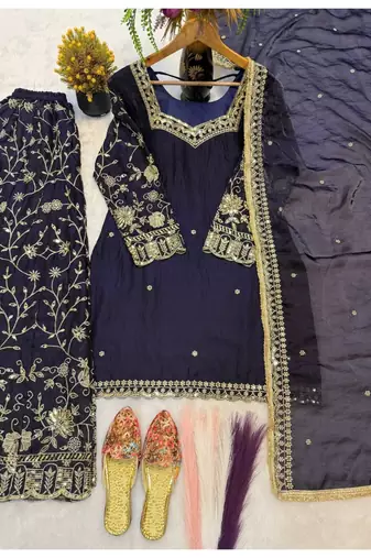 Navy Blue Embroidered Fendy Full-Stitched Sharara Palazzo Suit Set