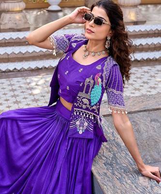 violet silk blend embroidered festive lehenga choli 4