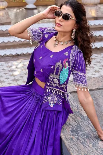 violet silk blend embroidered festive lehenga choli
