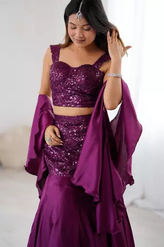 wine crepe embroidered festive lehenga choli