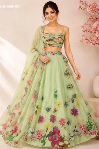 light green silk blend printed festive lehenga choli