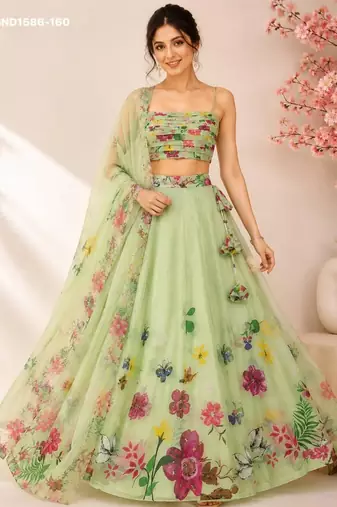 light green silk blend printed festive lehenga choli