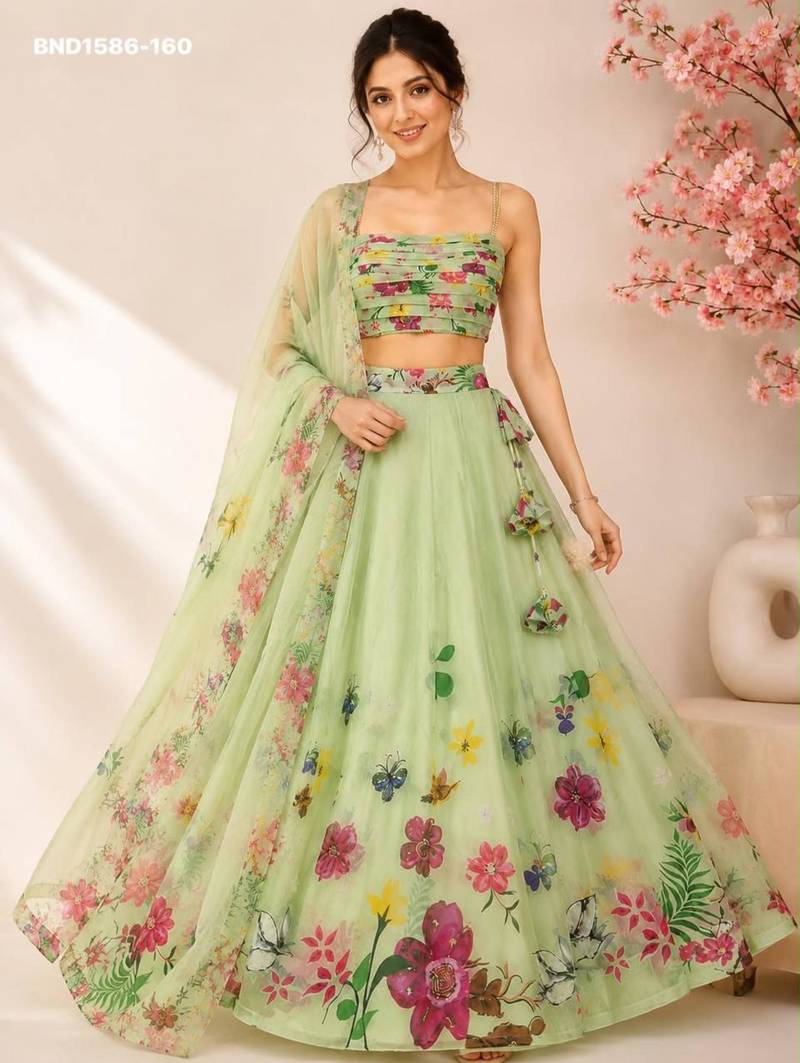 light green silk blend printed festive lehenga choli