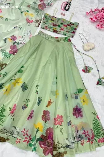 light green silk blend printed festive lehenga choli